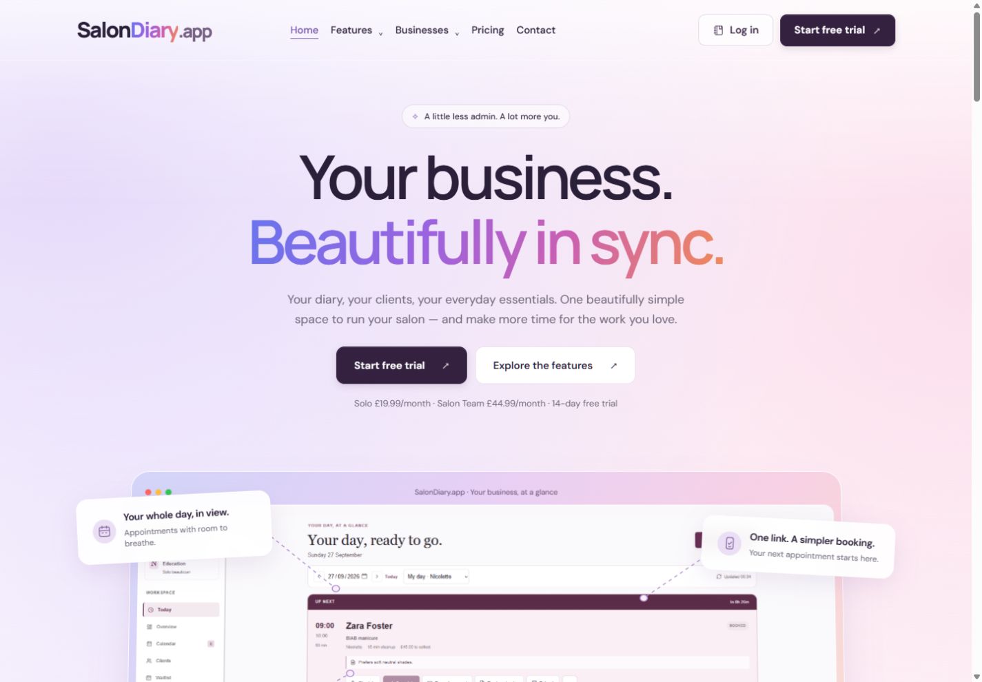 Salon Diary website from the MyWebDeveloper portfolio
